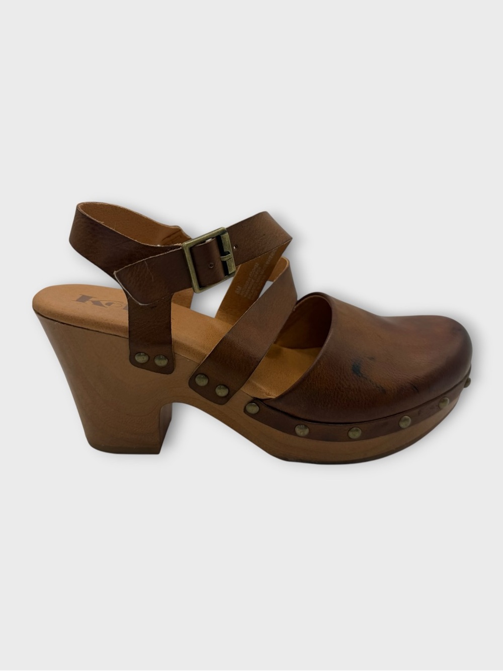 Kork-Ease Korks Abloom Heeled Brown Leather Studded Platform Clog Sandal Sz 8